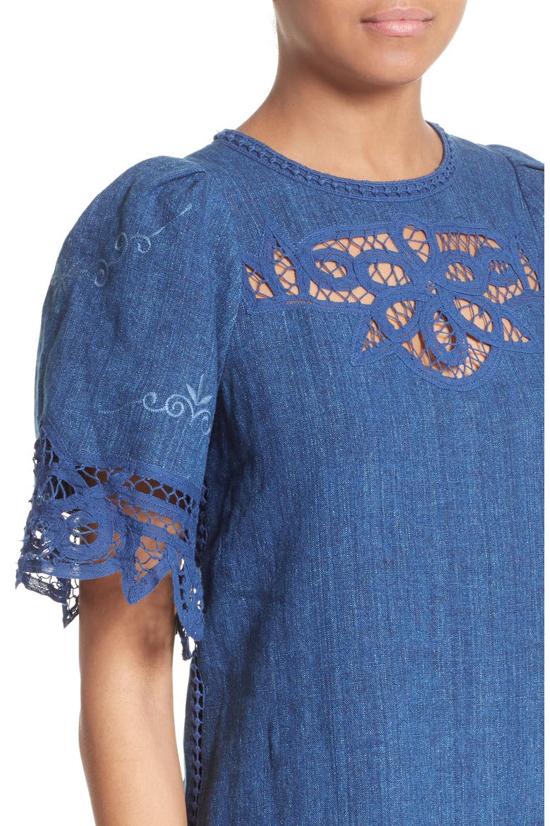 Sea Battenburg Lace Linen Shift Dress, Alternate, color, INDIGO