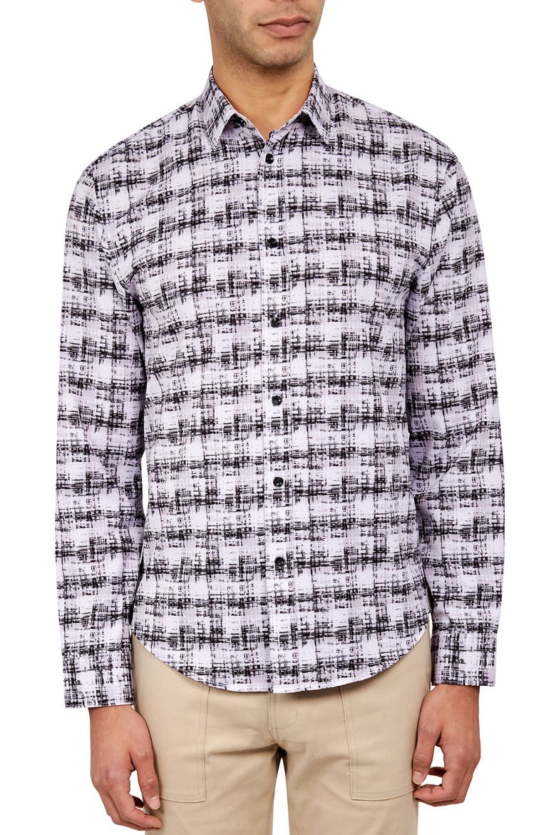 Slim Fit Williamsburg Abstract Check Recycled 4-Way Stretch Performance Long Sleeve Shirt, Main, color, BLACK/GREY