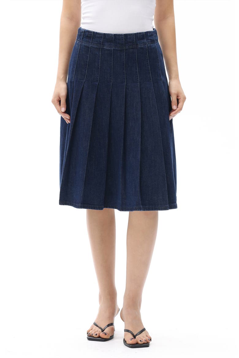 Pleated High Waist Denim Skirt, Main, color, DARK BLUE