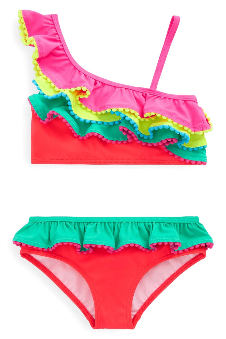 Kids' Ruffle Pom Trim Two-Piece Swimsuit, Main, color, MULTI COLOURBLOCK
