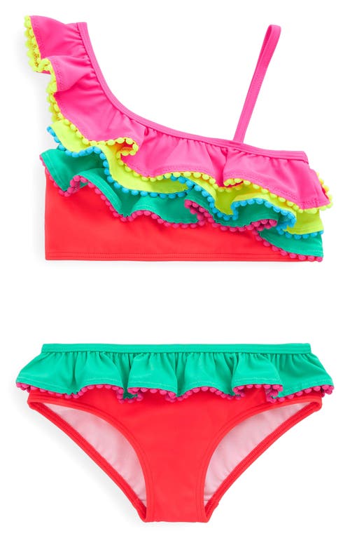 Mini Boden Kids' Ruffle Pom Trim Two-piece Swimsuit In Multi Colourblock