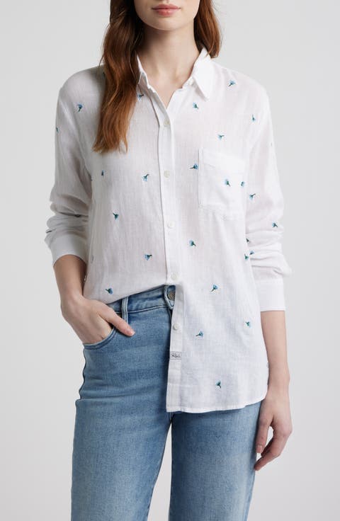Charli Embroidered Floral Linen Blend Button-Up Shirt