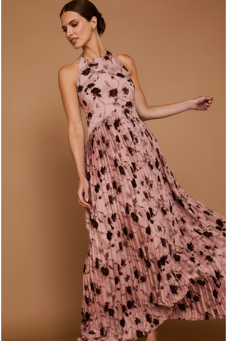 Floral Halter Pleated Ruffle Maxi Dress, Alternate, color, Dusky Pink