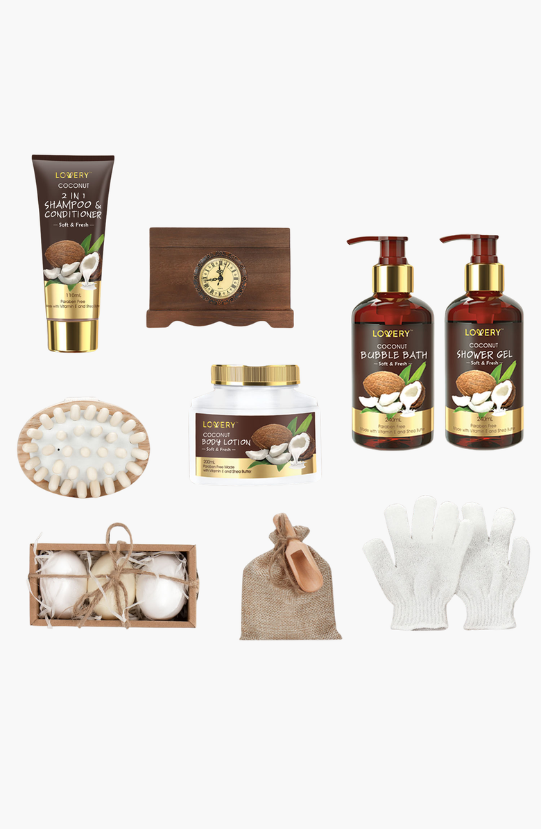 Lovery Luxury Bath Gift Set in a Vintage Style Wooden Clock Box - 13 Pc Premium Coconut, Main, color,