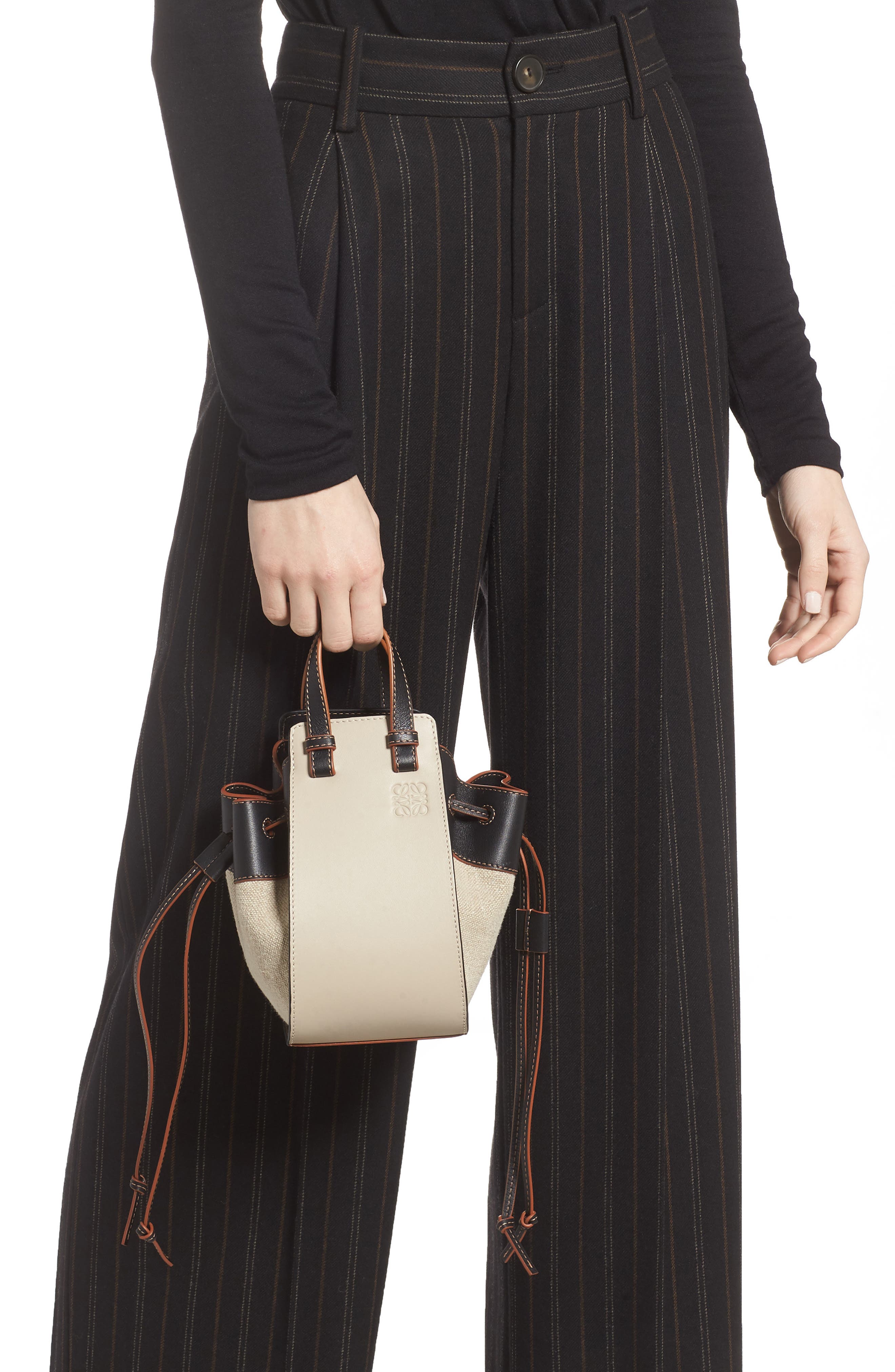 Loewe Mini Hammock Drawstring Linen & Leather Bag, Alternate, color, 