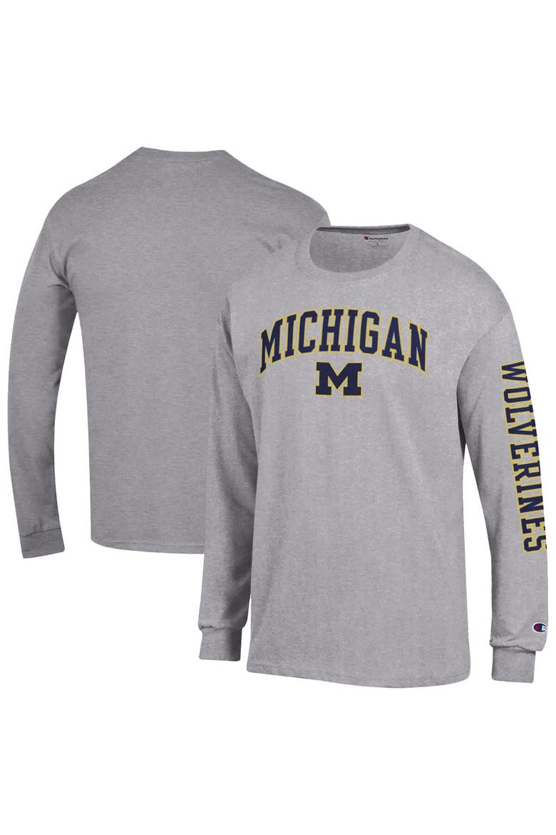 Men's Champion  Heather Gray Michigan Wolverines Arch Over Logo 2-Hit Long Sleeve T-Shirt, Main, color, Heather Gray