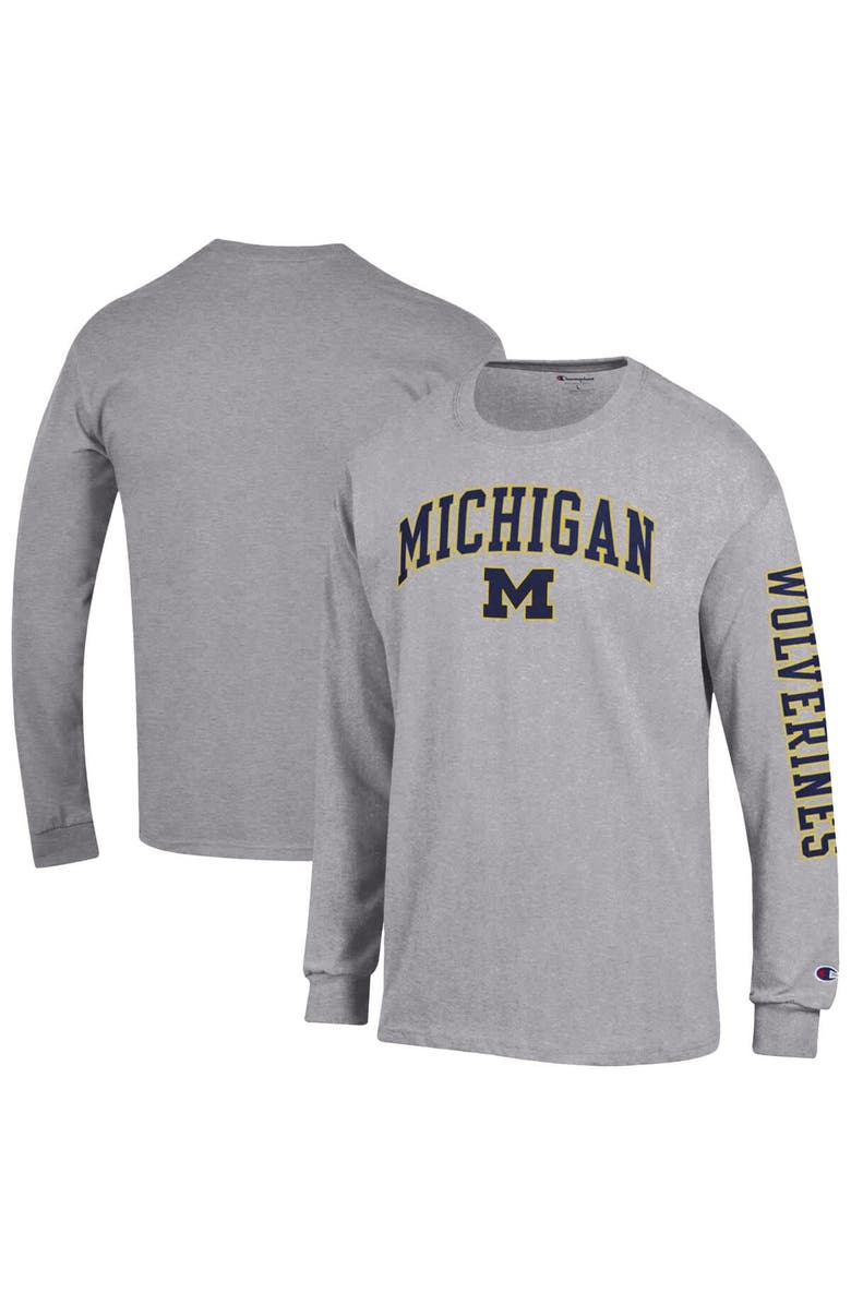 Champion Men's Champion  Heather Gray Michigan Wolverines Arch Over Logo 2-Hit Long Sleeve T-Shirt, Main, color, Heather Gray