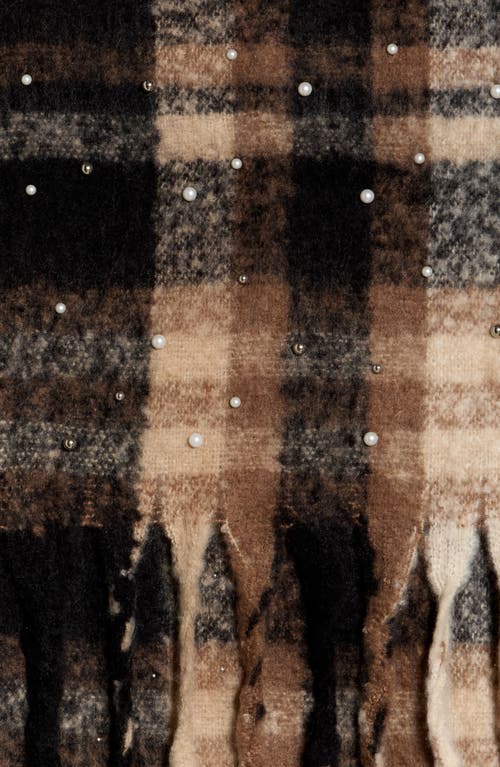 Nanette Lepore Faux Pearl Plaid Fuzzy Scarf In Brown