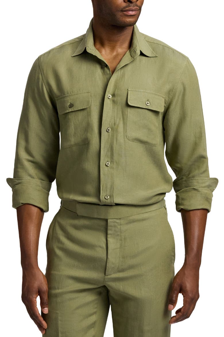 Silk & Linen Button-Up Shirt, Main, color, FERN GREEN