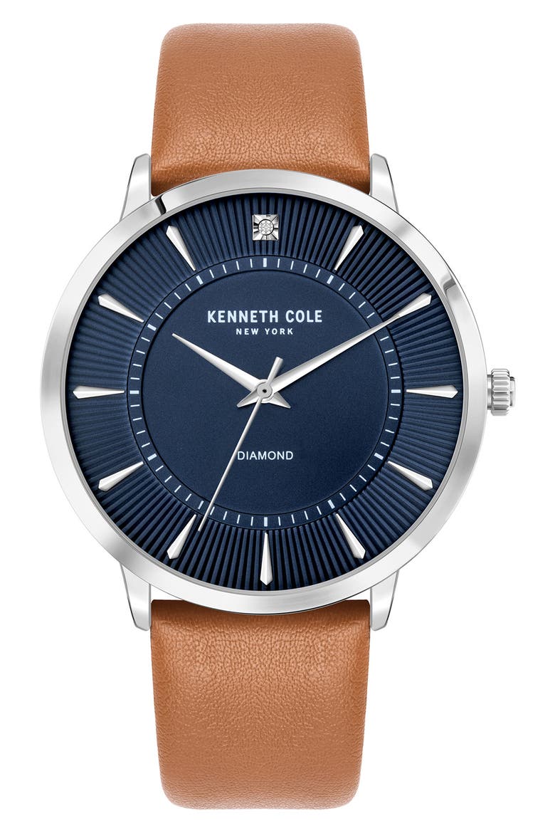 Three Hand Quartz Diamond Dial Leather Strap Watch, 45mm, Main, color, TAN