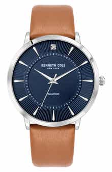 Three Hand Quartz Diamond Dial Leather Strap Watch, 45mm