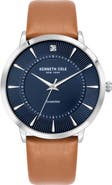 Kenneth Cole New York Three Hand Quartz Diamond Dial Leather Strap Watch, 45mm