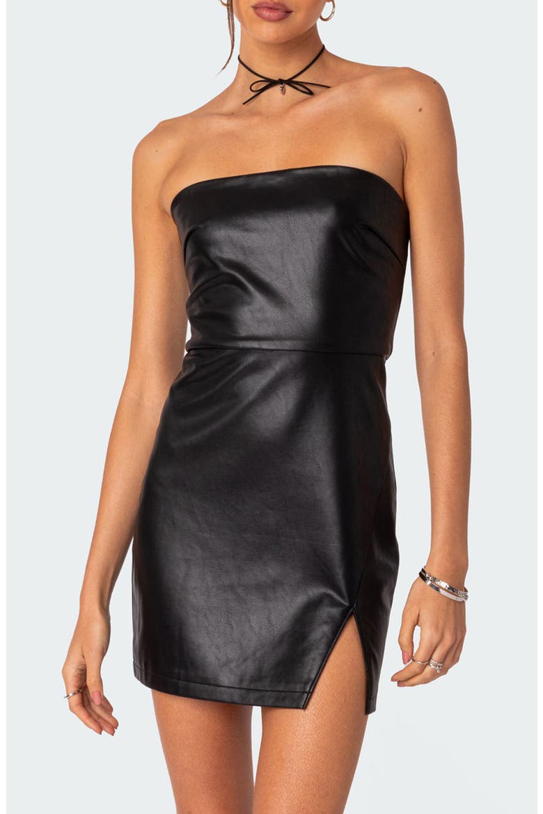 Moon Sign Strapless Faux Leather Minidress, Alternate, color, BLACK
