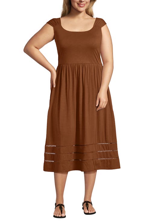 Slub Cap Sleeve Shirred Skirt Midi Dress