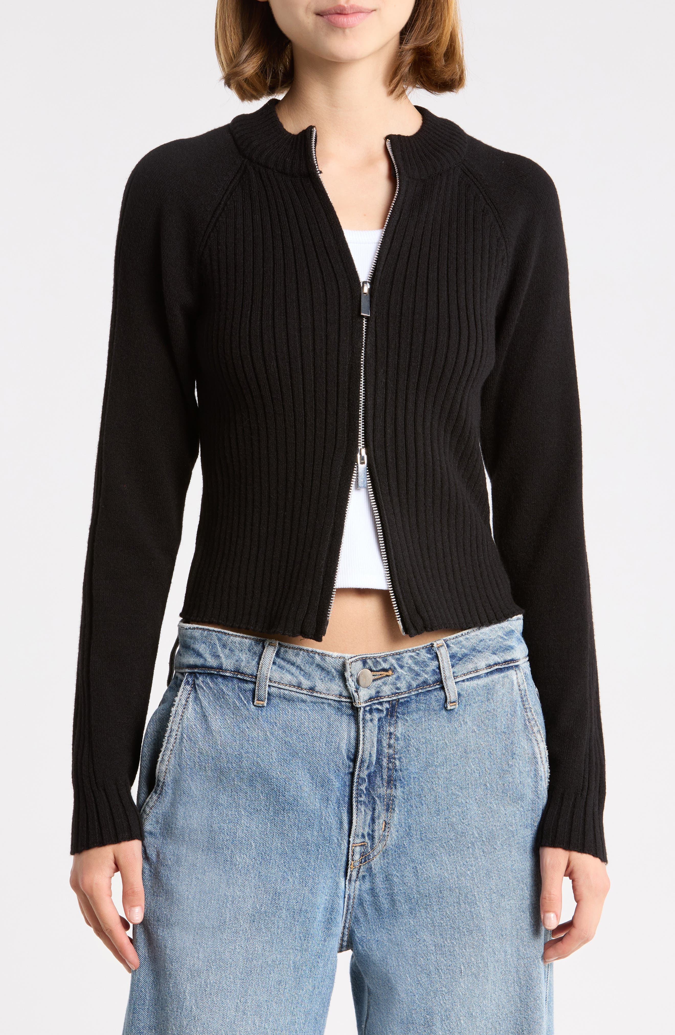Mixed Stitch Mock Neck Zip Cardigan
