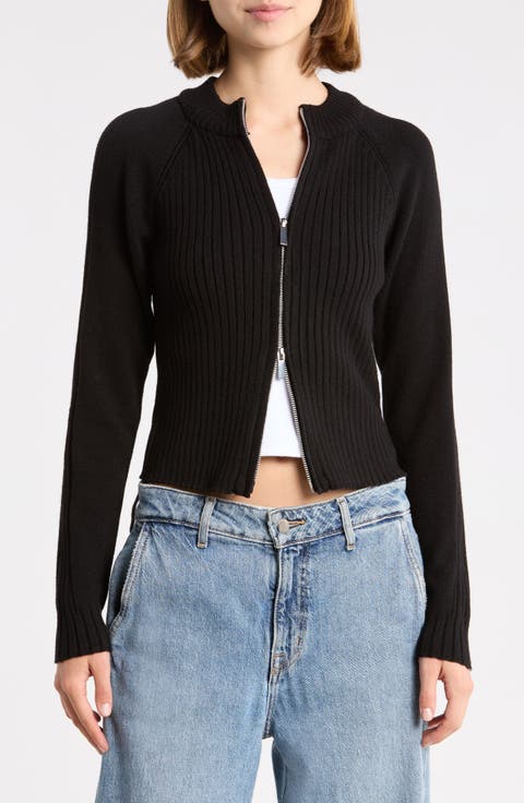 Mixed Stitch Mock Neck Zip Cardigan