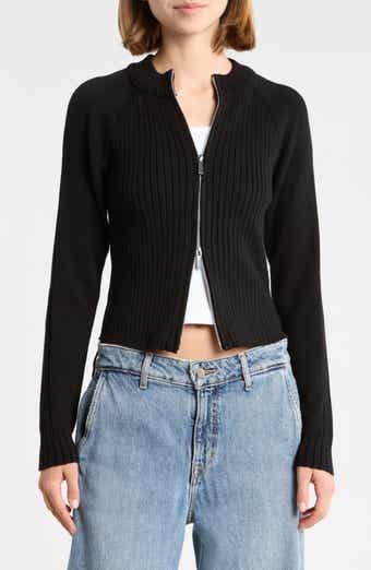 Mixed Stitch Mock Neck Zip Cardigan