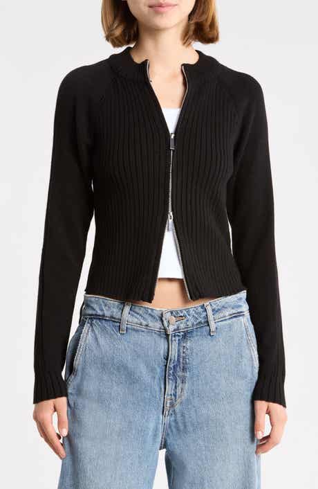 Mixed Stitch Mock Neck Zip Cardigan