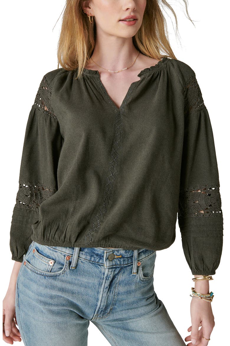 Crochet Trim Peasant Blouse, Main, color, RAVEN