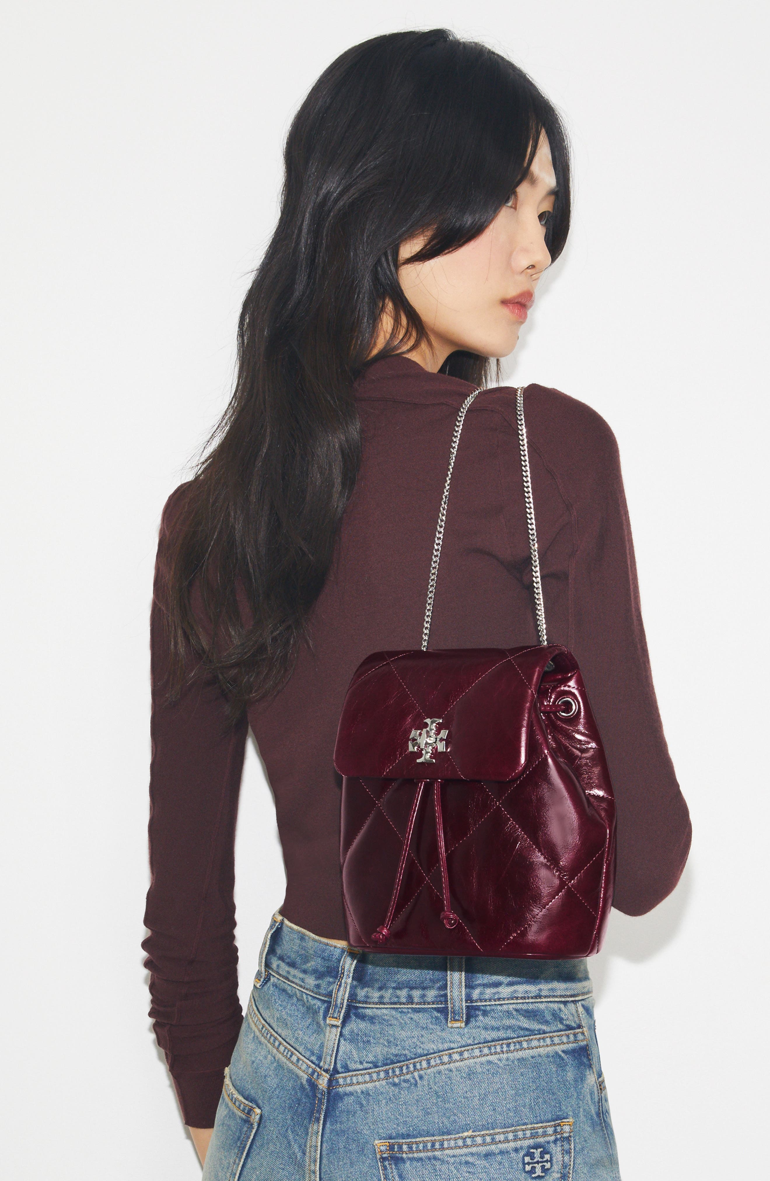 Tory Burch Kira Distressed Diamond Quilted Leather Backpack, Alternate, color, Dark Carmine