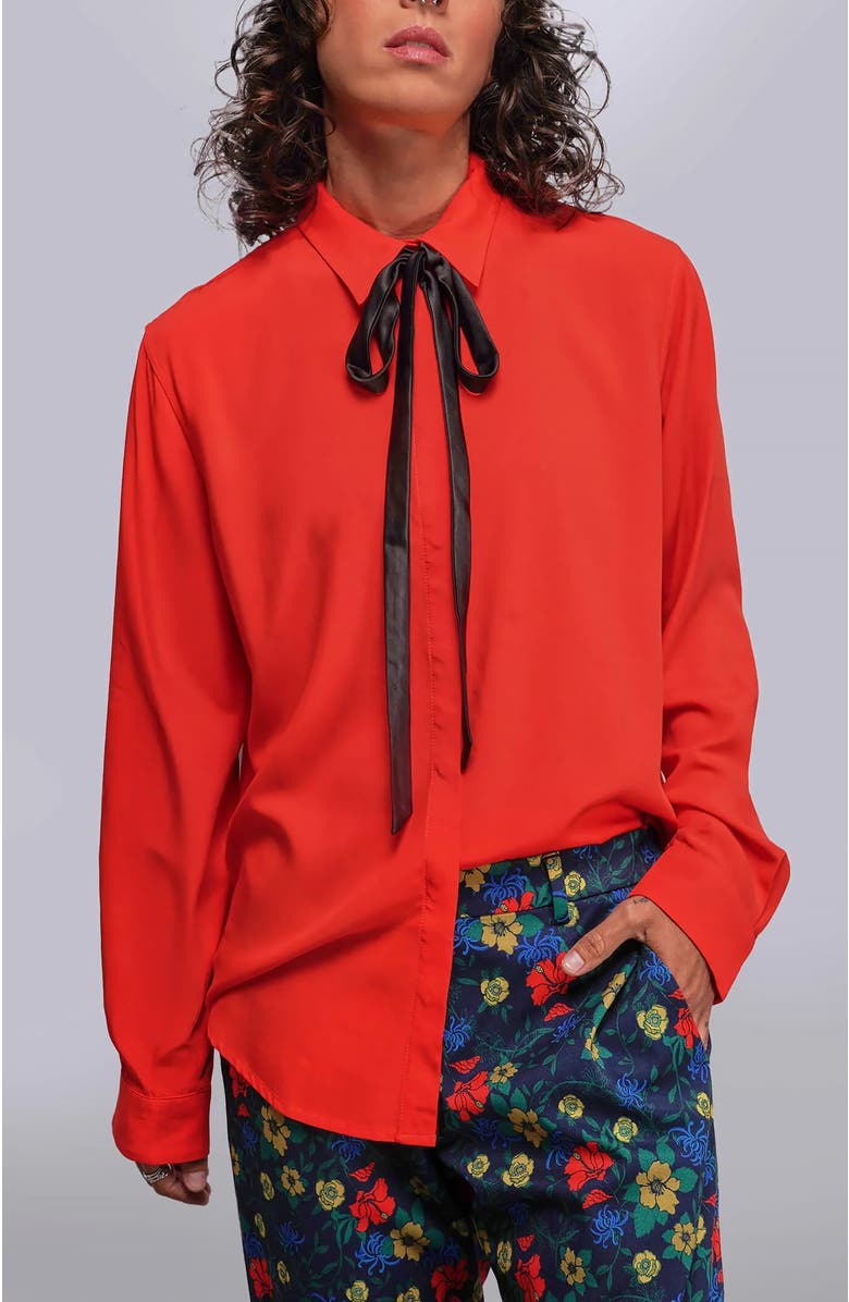 WILDFANG The Empower long Sleeve Bow Button Up, Main, color, Chili/Black