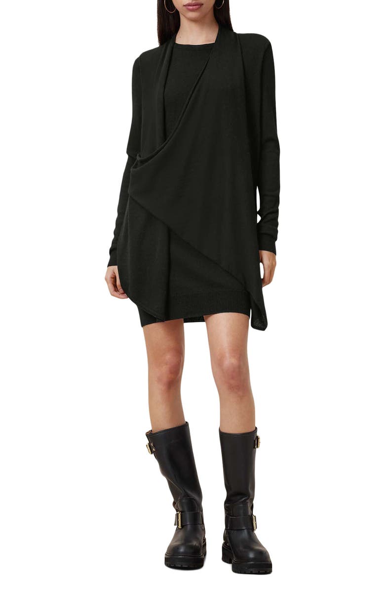 AllSaints Drina Draped Front Long Sleeve Merino Wool Dress, Main, color,