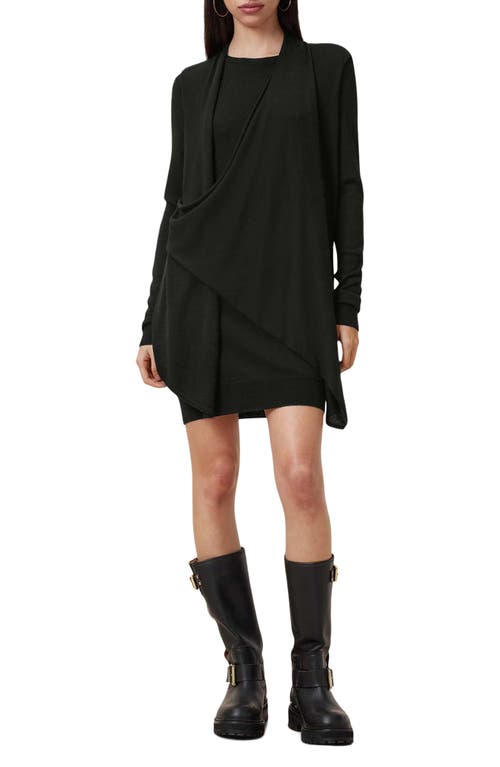 Allsaints Drina Draped Front Long Sleeve Merino Wool Dress In Black