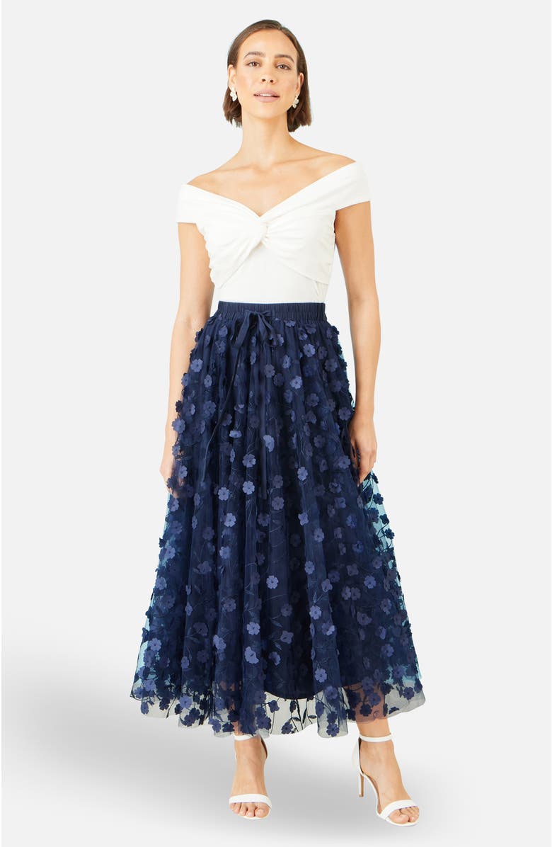 Yumi Mesh Floral Applique Midi Skirt, Alternate, color, Navy