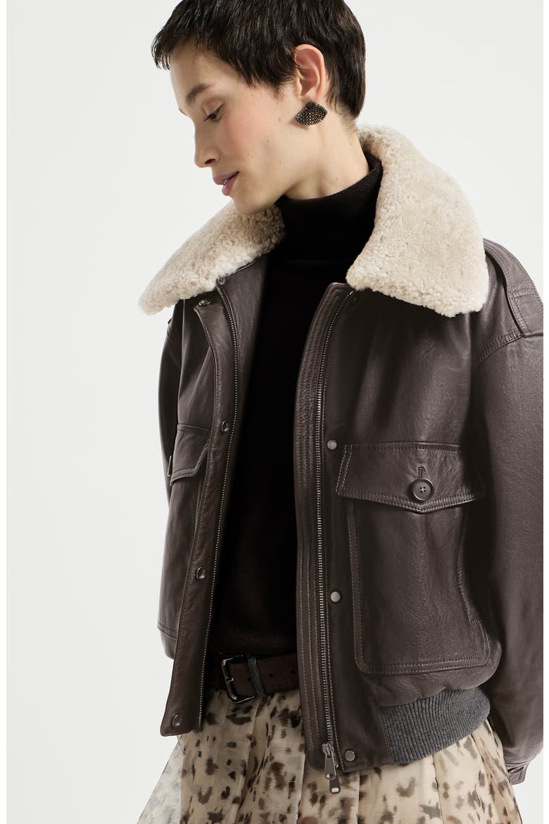 Polished nappa leather aviator jacket with detachable shearling collar and monili, Alternate, color, Coffee