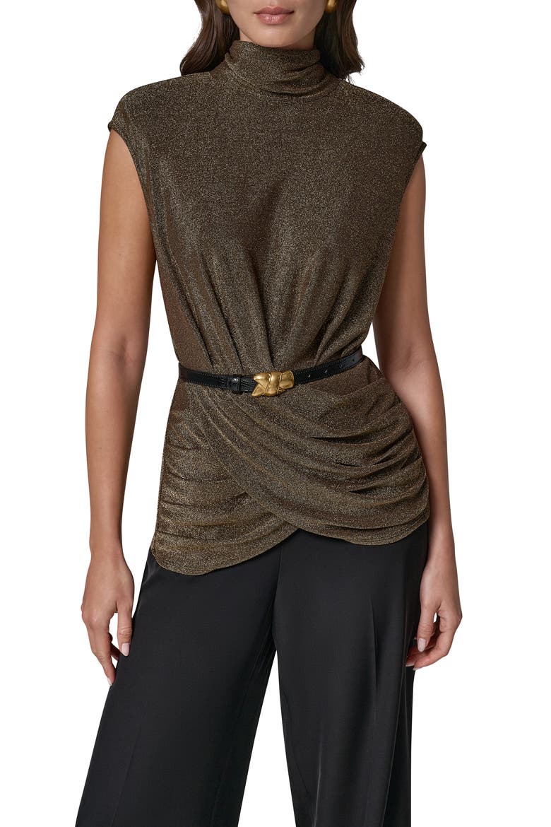 Metallic Mock Neck Top with Belt, Main, color, BLACK/ GOLD