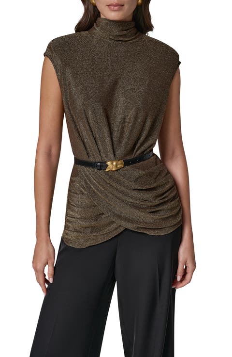 Metallic Mock Neck Top with Belt
