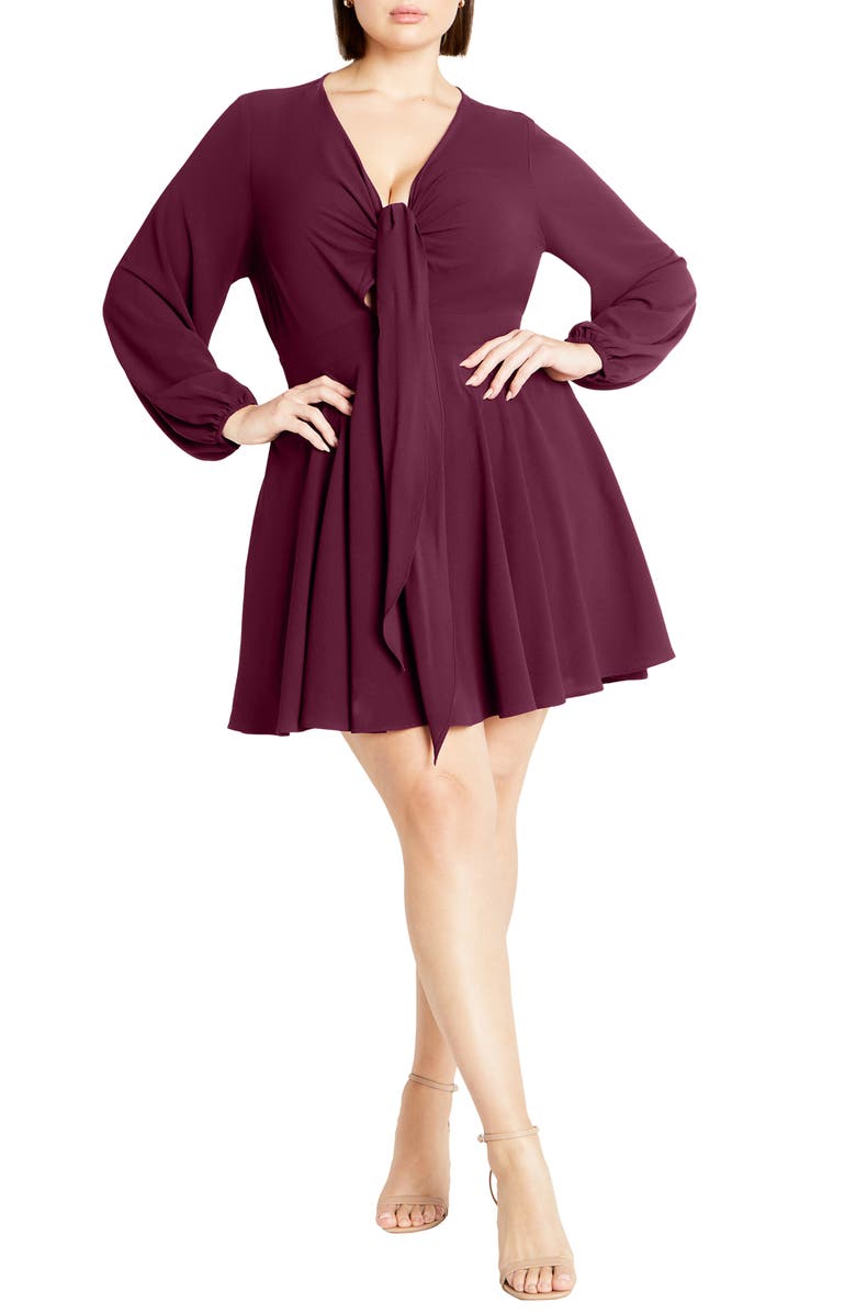 City Chic Ellie Tie Neck Long Sleeve Minidress, Main, color,