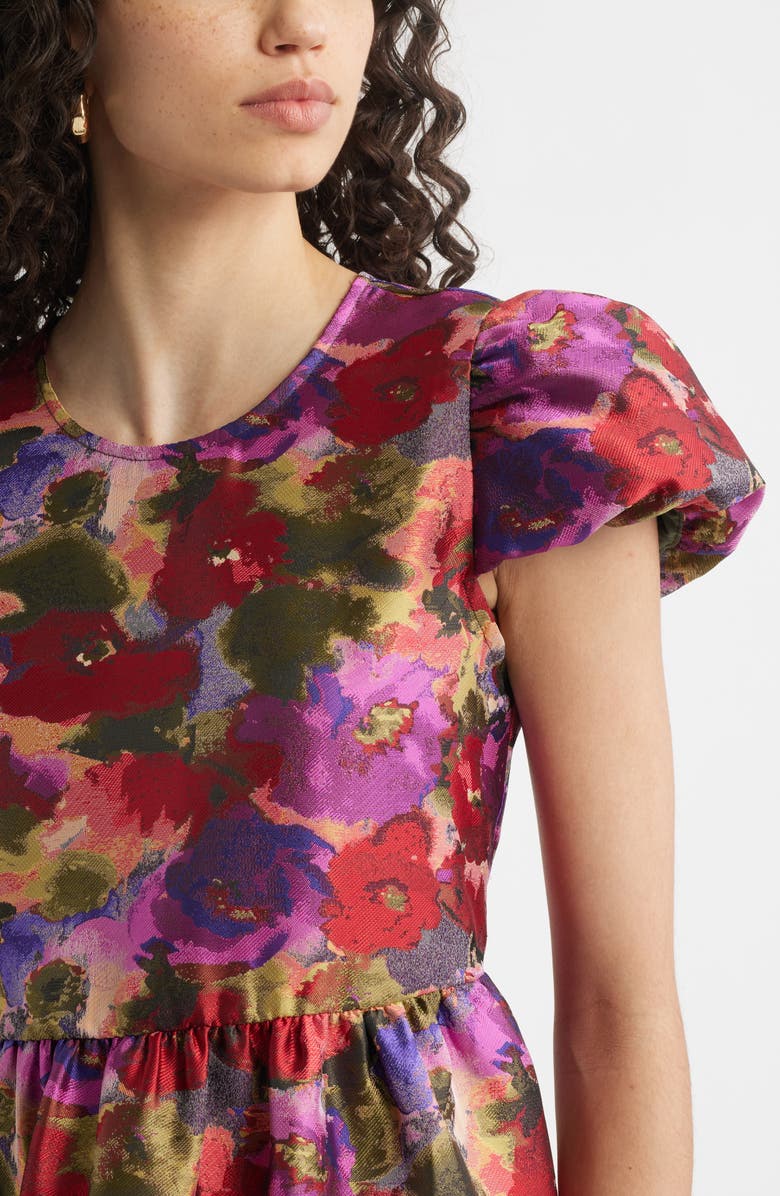 Chelsea28 Puff Sleeve Floral Jacquard Tiered Dress, Alternate, color, Pink Multi Brocade