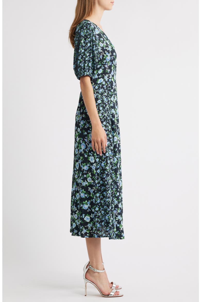 Floral Print Puff Sleeve Midi Dress, Alternate, color, BLUE
