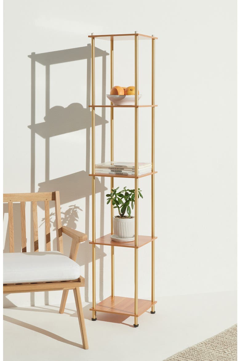 Aria 63" Touch LED Wood Shelf Floor Lamp with Wireless Charging Pad, Alternate, color, Antique Brass