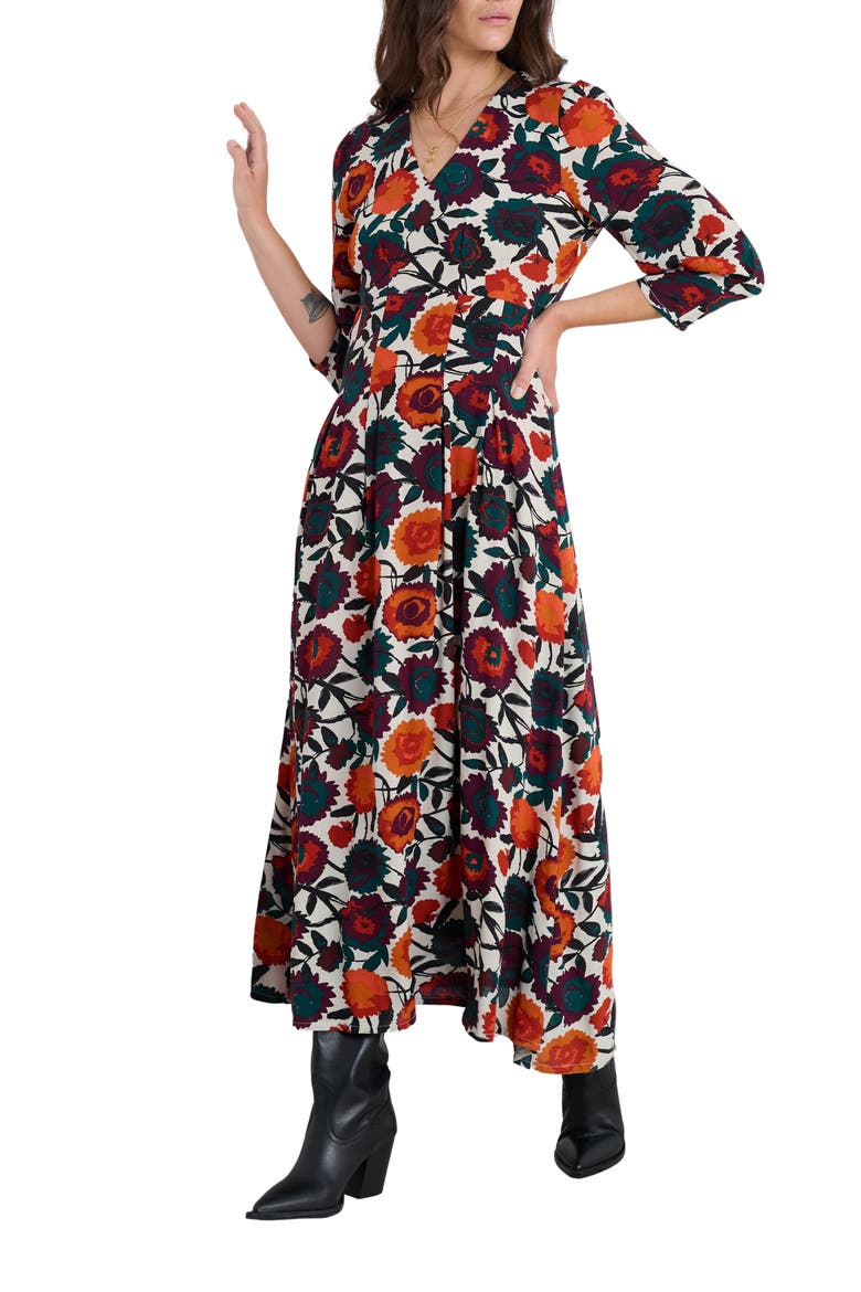 Etta Floral Pleated Midi Dress, Main, color, FIGURATIVE FLORAL ARAN