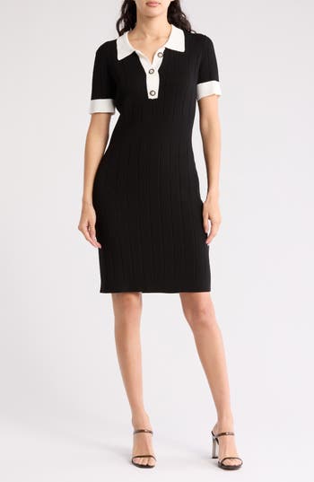 Shop Julia Jordan Collared Ribbed Sweater Dress In Black White