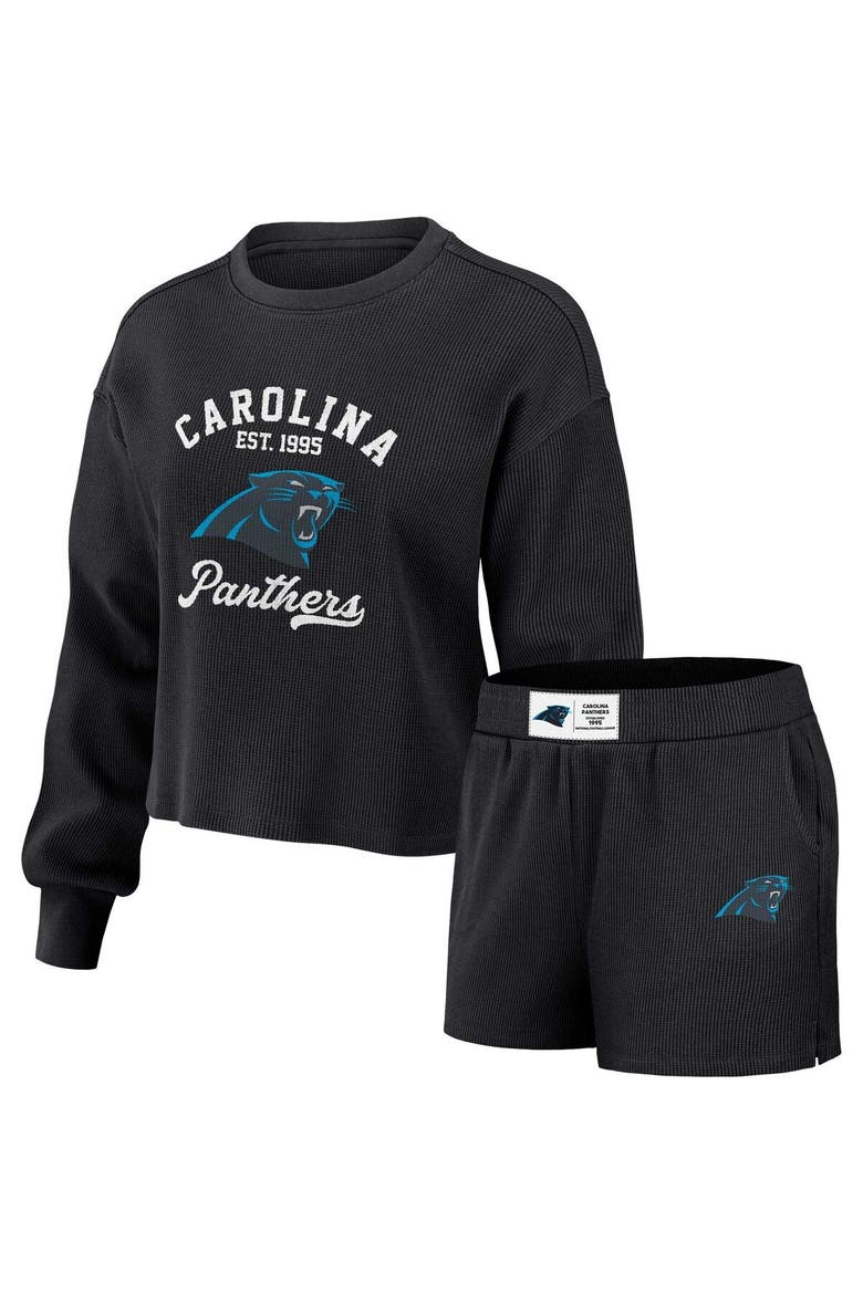 Women's WEAR by Erin Andrews Black Carolina Panthers Waffle Knit Long Sleeve T-Shirt & Shorts Lounge Set, Main, color, Black
