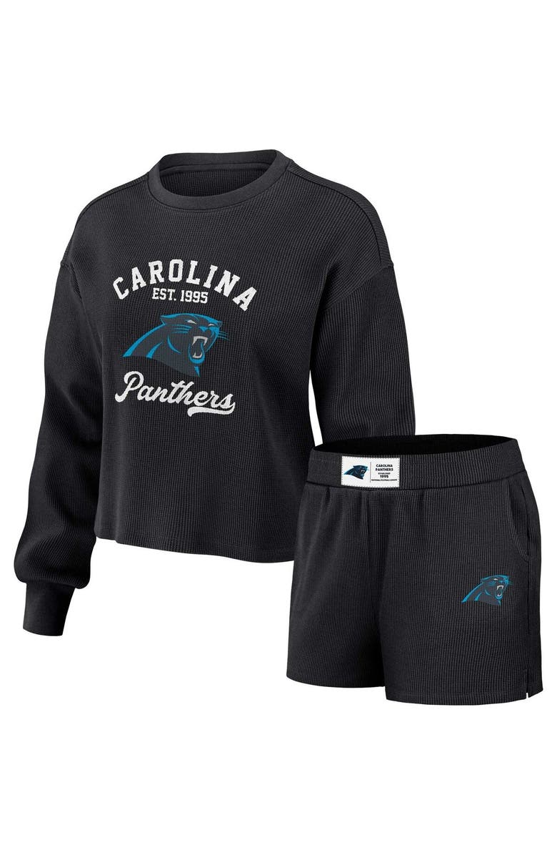 WEAR by Erin Andrews Women's WEAR by Erin Andrews Black Carolina Panthers Waffle Knit Long Sleeve T-Shirt & Shorts Lounge Set, Main, color, Black