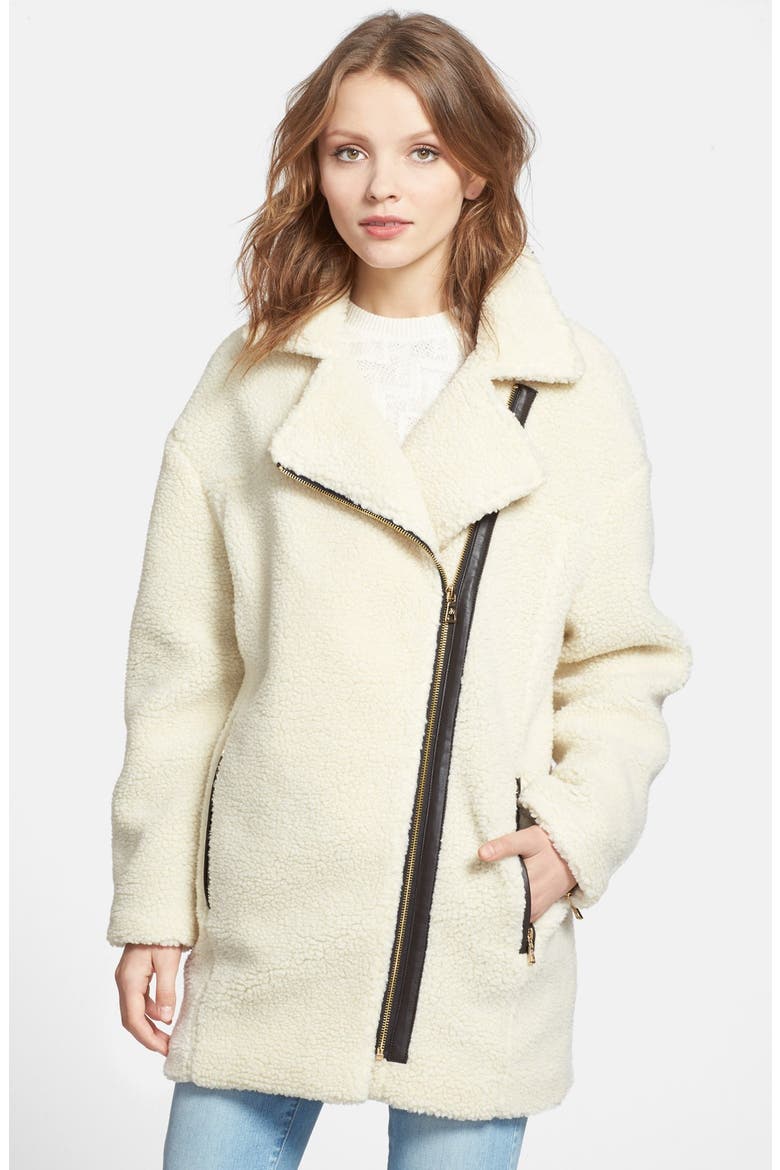 Asymmetrical Faux Fur Moto Jacket, Main, color, CREAM