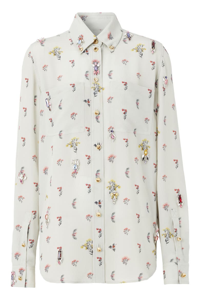 Paola Embellished Floral Embroidered Silk Button-Down Blouse, Alternate, color, PARCHMENT GREY IP PA