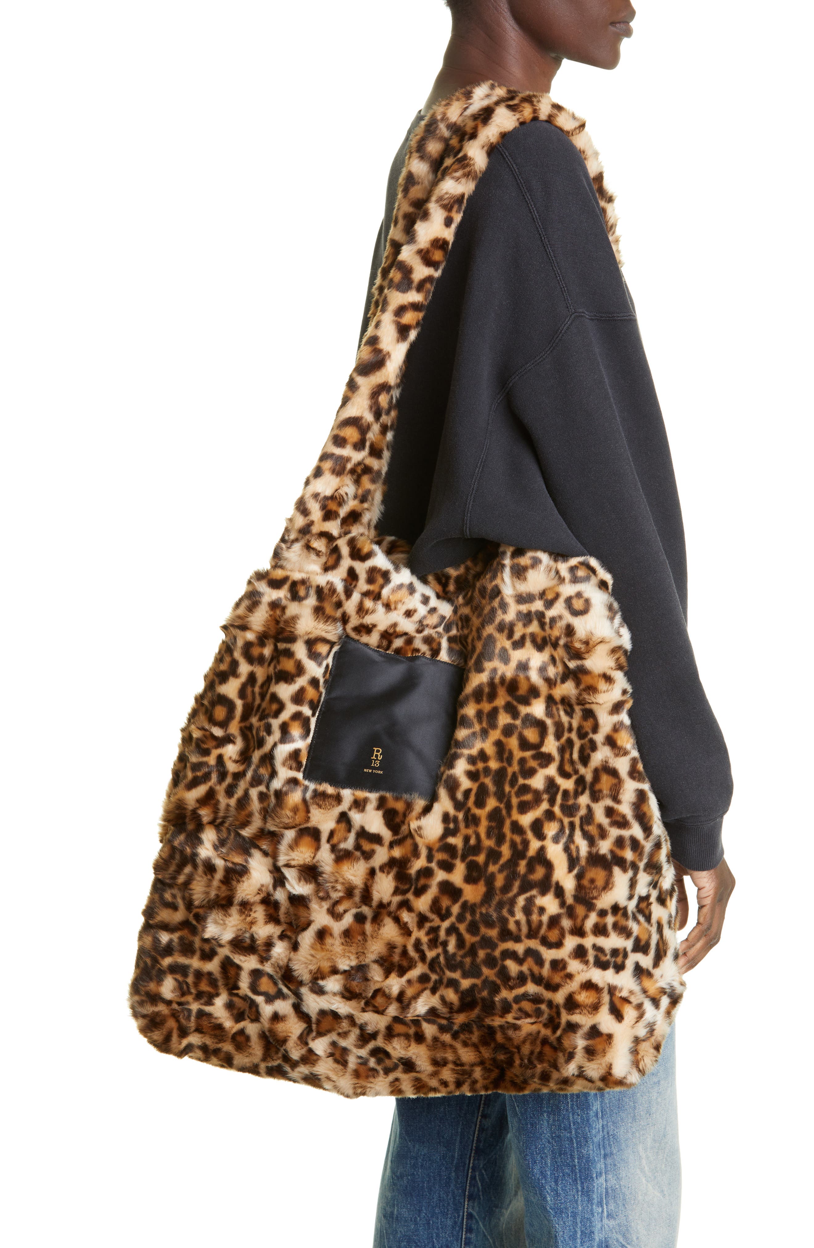 R13 Leopard Print Oversize Faux Fur Tote Bag, Alternate, color, 