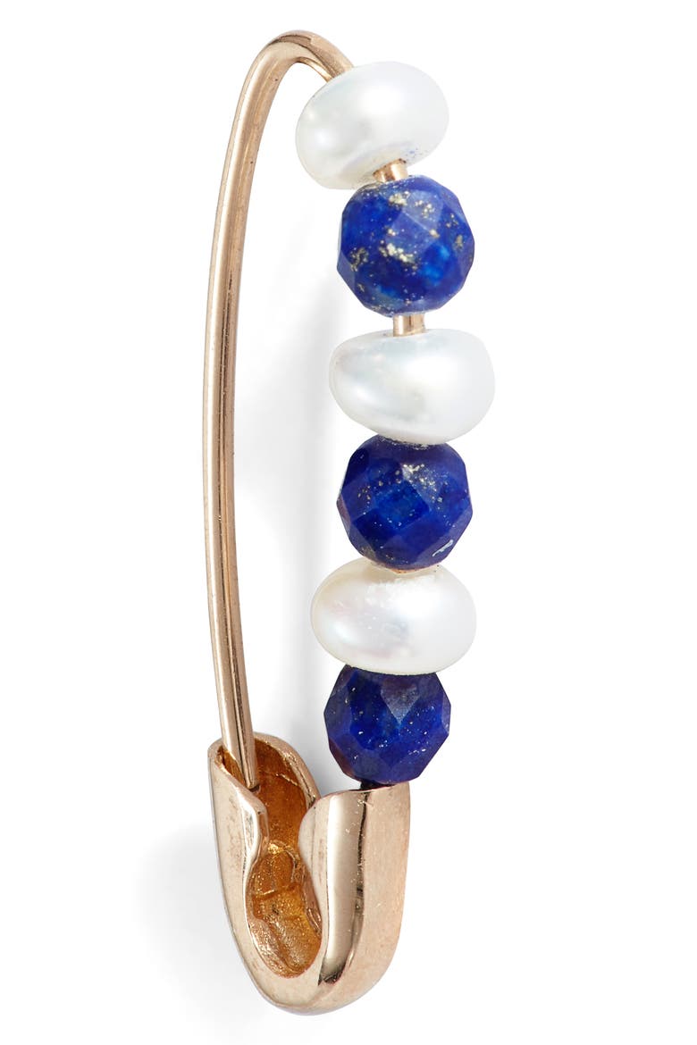 Friendship Safety Pin Earring, Alternate, color, LAPIS/ PEARL/ YELLOW GOLD