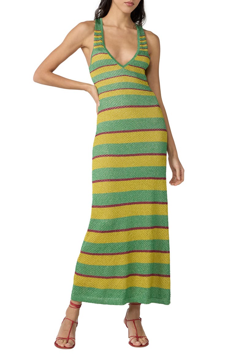 Esme Stripe Plunge Neck Knit Dress, Main, color, GREEN/ LEMON CURRY