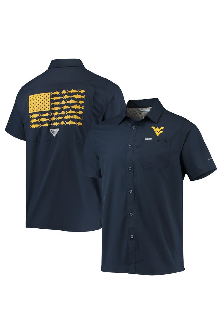 Men's Columbia PFG Navy West Virginia Mountaineers Slack Tide Camp Button-Up Shirt, Main, color, Navy