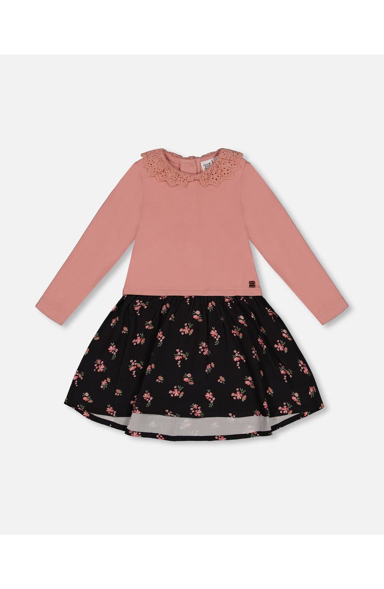 Deux par Deux Little Girl's Bi-Material Dress With Eyelet Collar Light Pink Printed Flowers, Main, color, 