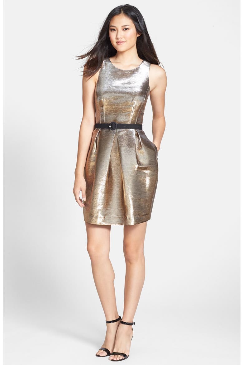 Belted Metallic Tulip Dress, Alternate, color, GOLD