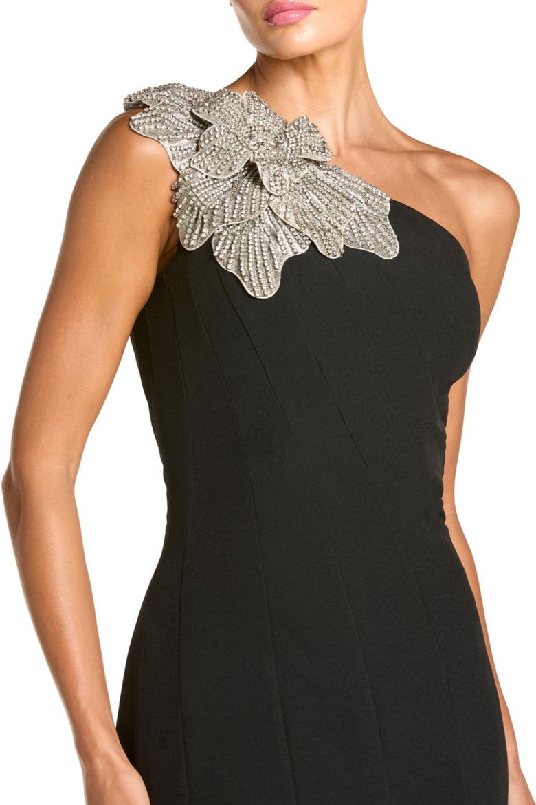 Petite Crepe One Shoulder Mermaid Midi Dress With Flower, Alternate, color, Black