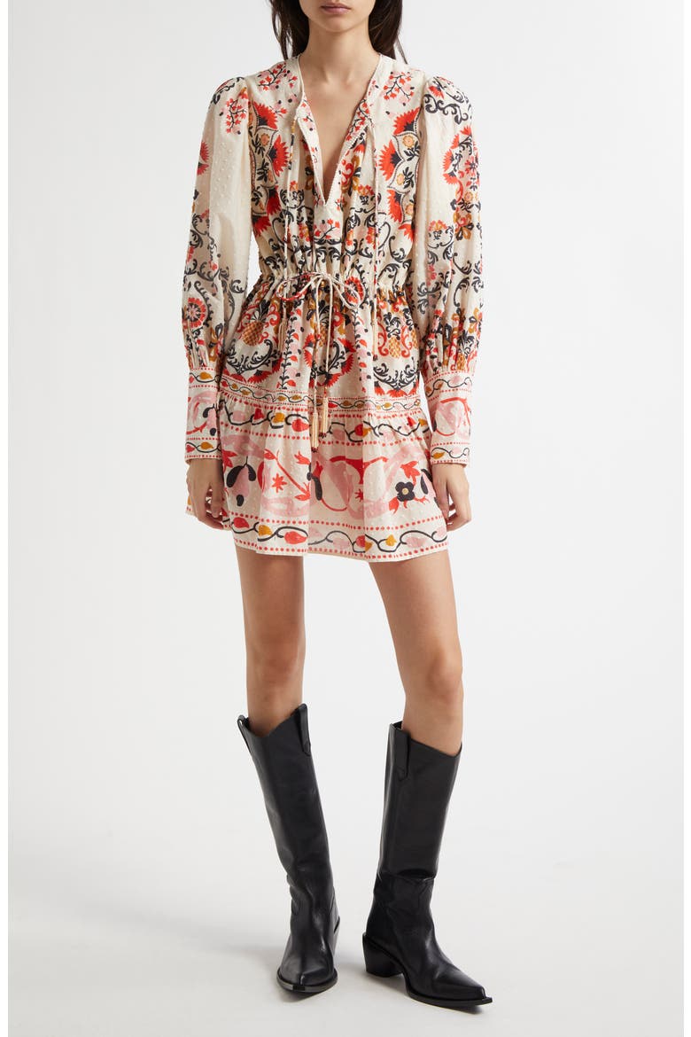 Embroidered Detail Mixed Print Long Sleeve Cotton Dres, Main, color, CASHEW MANDALA CREAM