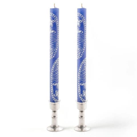 Henna White on Blue Painted Pillar Candle